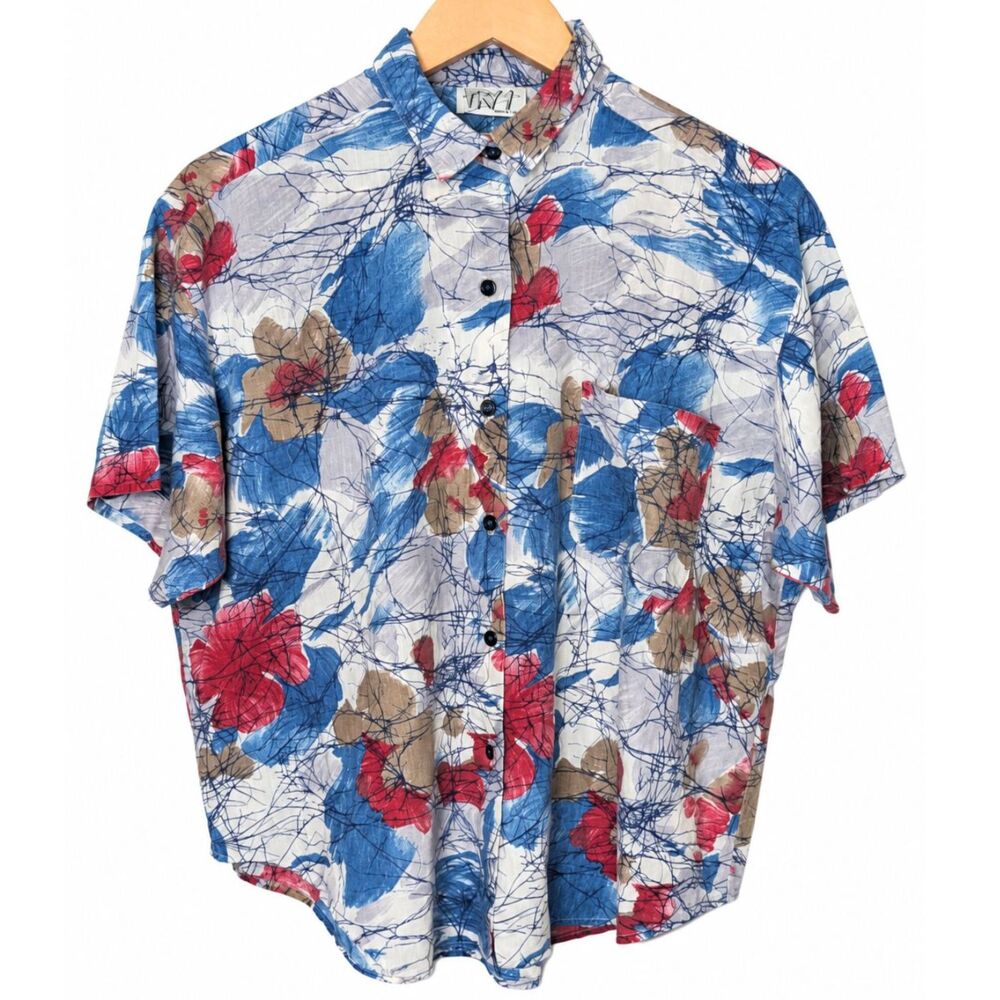 Vintage TRY 1 Abstract Floral Button Up Shirt Made in USA 80s 90s Short Sleeve